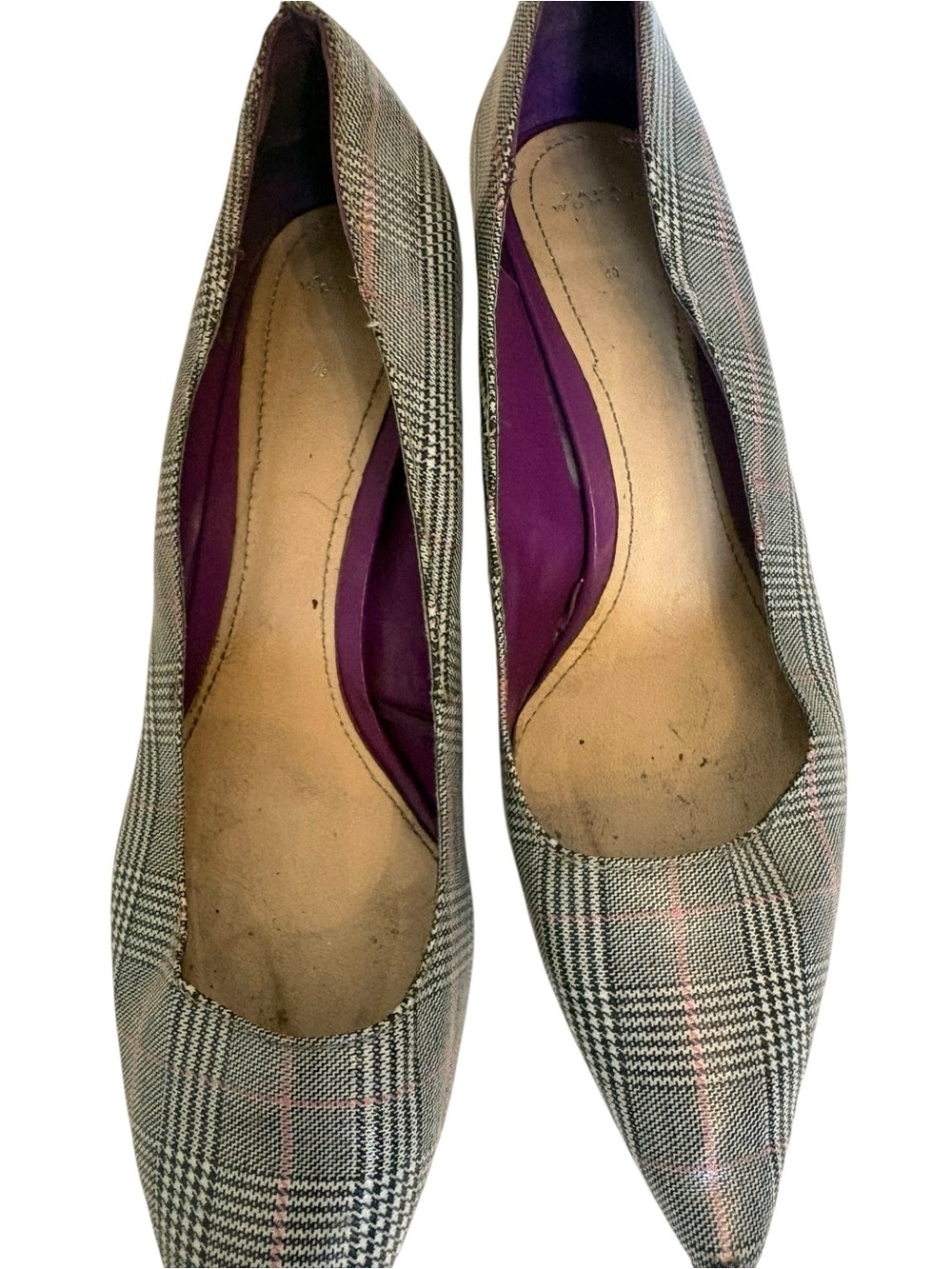Zara Gray Plaid Pointed Toe Flats with Purple Lining